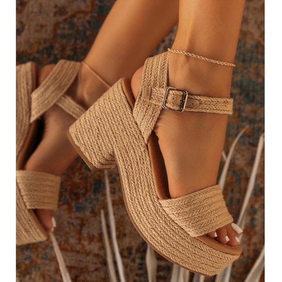 Shoes - Jute Ankle Strap Platform Block Heel Sandal